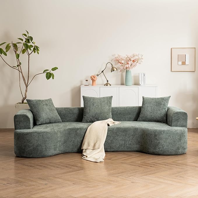 106.72” Curved Sofa Oversized Curved Couch for Living Room Corduroy Fabric Foam Couch Modern Deep Seat Couched with Pillows No Assembly Green