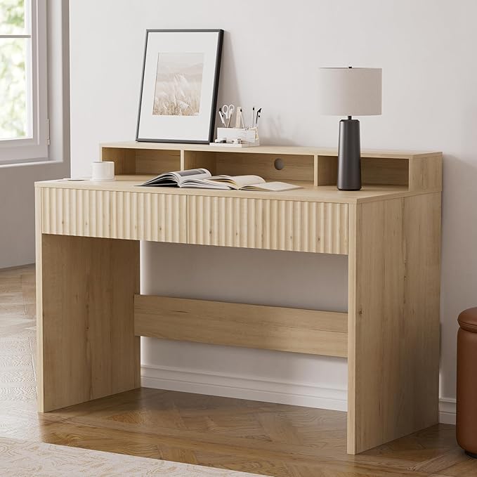47 Executive Desk with Fluted Drawer Modern Wood Home Office Desk with Long Monitor Stand and 2 Drawers Computer Writing Desk for Study Office Vanity Light Oak
