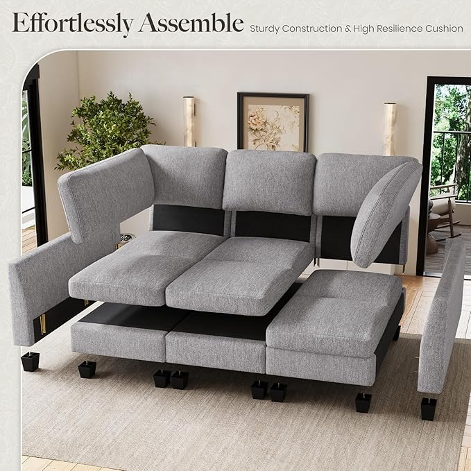 Belffin 86.2 Sectional Sleeper SofaOversized Sectional Couch Wide Deep Seat Sofa BedModular Sectional Couches for Living RoomApartment and BedroomLight Grey