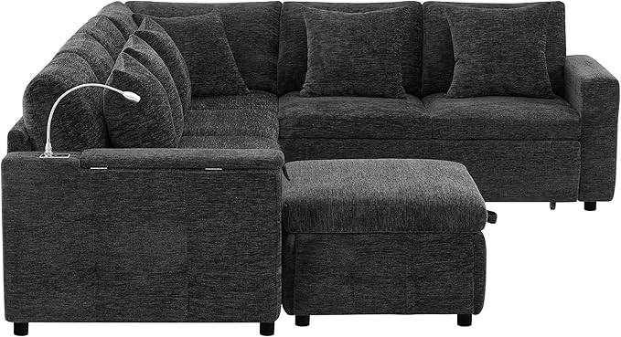 117 * 90'' Modular Sectional Pull-Out Sofa Bed with Flip-up Table Panel Reading Lamp Charging Ports Storage Ottoman 6 Pillows Chenille Oversize &amp Free Combination Couch (Black-10.5)
