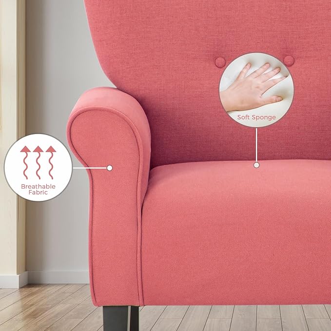 MELLCOM Mid Century Wingback Arm ChairModern Upholstered Fabric High Back Accent Chair with Wood LegsUpholstered Single Sofa Club Chair for Living Room Bedroom Home Office Brick