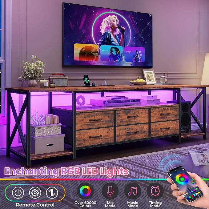 BTHFST TV Stand with LED Lights &amp Power Outlets for TVs up to 85 Inches 6 Drawers Entertainment Center with Open Storage Shelves 71 TV Media Console Table for Living Room Bedroom Rustic Brow