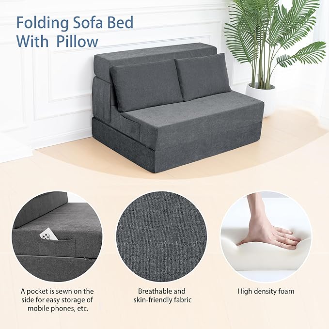 Folding Sofa Bed Chair with PillowConvertible Fold Out Chair Bed SleeperFoam Floor Mattress Foldable Futon Couch Bed for Living Room/Dorm/Guest/Office (Grey Twin)