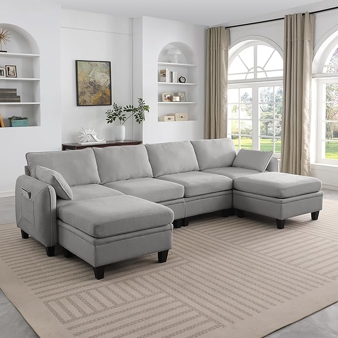 U Shaped Sectional Sofa for Living Room 4+2 Modular Chenille Fabric Couch with Storage Solid Eucalyptus Wood Frame Comfortable Modern Sectional