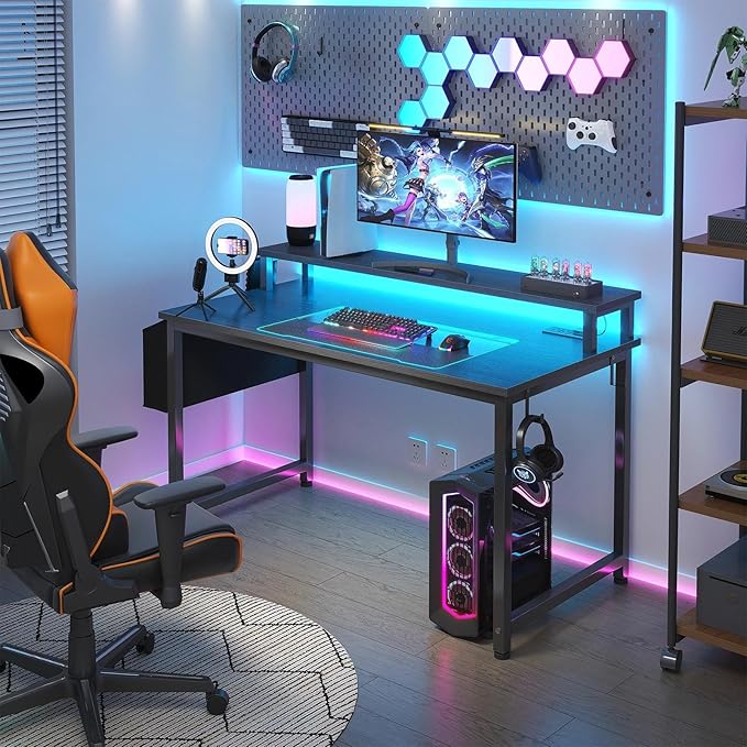 Lufeiya Black Gaming Desk with LED Lights and Power Outlets 40 Inch Teen Writing Study Table Home Office Desks with Monitor Stand Computer Desk with Charging Station USB Port Black