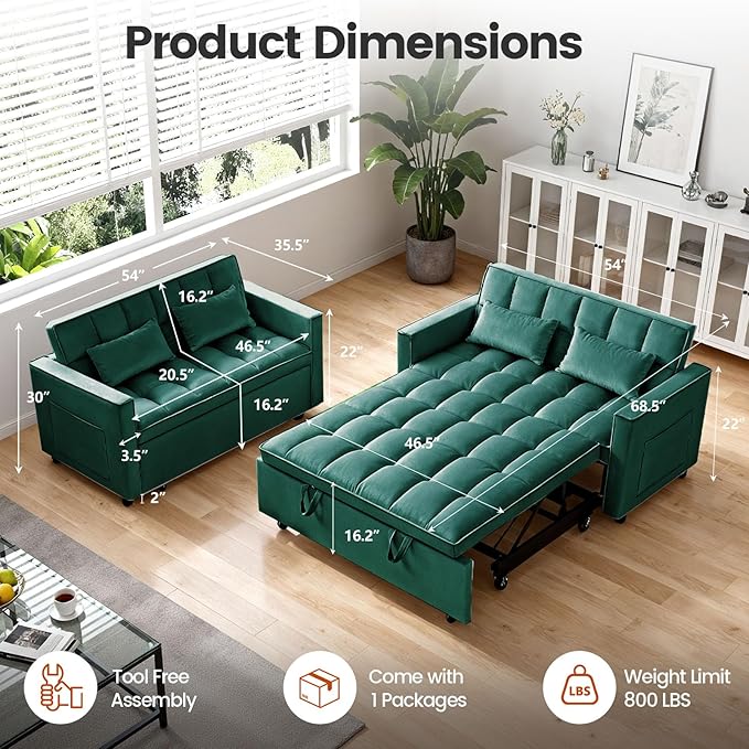 Convertible Sofa Bed Pull Out Couch with Side Pockets 3 in 1 Velvet Fabric Loveseat Sleeper Sofa Bed Pull Out Couch with Adjustable Backrest for Living Room Bedroom Apartment Green