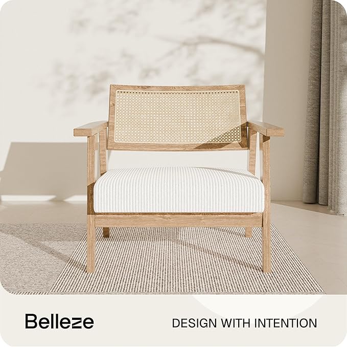 BELLEZE Mid Century Modern Rattan Chair Accent Natural Wood Armchair with Upholstered Seat and Cane Back Boho Retro Lounge Chair for Living Room Bedroom Office
