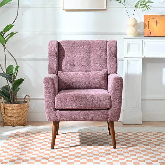 Modern Accent Chair Chenille Fabric Upholstered Tufted Side Chair Wingback ChairMid Century Reading Armchair with Waist Pillow Backrest for Living Room Bedroom (Dark Purple)