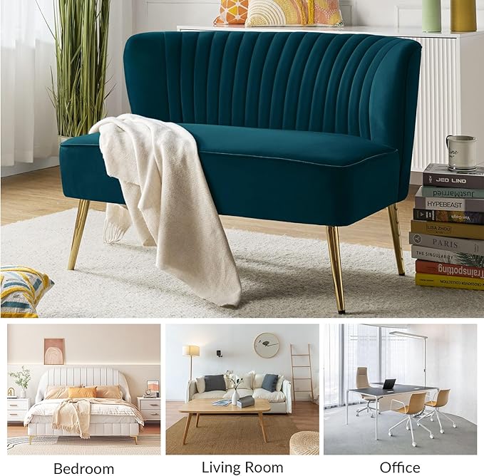 HULALA HOME Velvet Loveseat Sofa with Gold Legs Mid-Century Modern Upholstered Love seat Couch Tufted Small 2-Seat Sofa Armless for Living Room Bedroom Apartment Small Spaces Teal