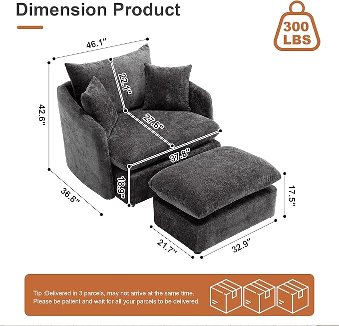 46 Oversized Swivel Accent Chair with Ottoman Set Upholstered 360° Swivel Barrel Chair and A Half with Ottoman Extra Wide Seat Lounge for Living Room Reading Bedrooms