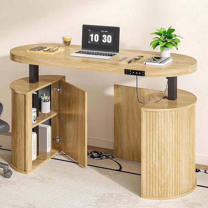 Mid Century Modern Electric Standing Desk with Storage 55 x 22 Inch Small Sit Stand Up Desk Wood Adjustable Height Computer Executive Desk for Home Office Laptop Oak