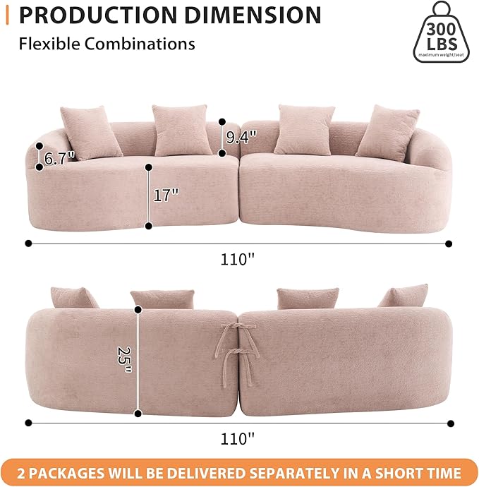 110 Curved Loveseat Sectional Sofa for Living Room Modern Oversized Plush Chenille Cloud Round Deep Seat Compressed Boneless Couch with 4 Throw Pillows for Apartment No Assembly Needed Beige