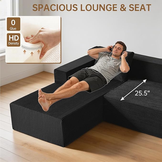 103 Boneless Corduroy Sectional Couch with Left Chaise Modular L Shaped Black Couches for Living Room Large Minimalist Modern Deep Seat Floor Sofa Set No Assembly