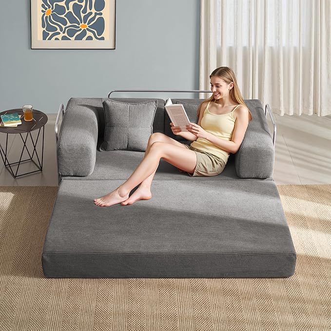YINIX Sofa Bed 62'' Folding Floor Couch Compressed Convertable Sleeper Sofa Memory Foam Couch with Pillow Back Support Armrest 4-in-1 Futon Sofa Bed for Living Room Silver