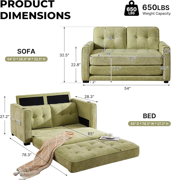 Convertible Sofa Bed Pull Out Loveseat Sleeper CouchLinen Fabric 2 in 1 Folding Couch Bed Fold Out Floor Futon Couches with Cup Holder for Living Room BedroomSmall Space Green