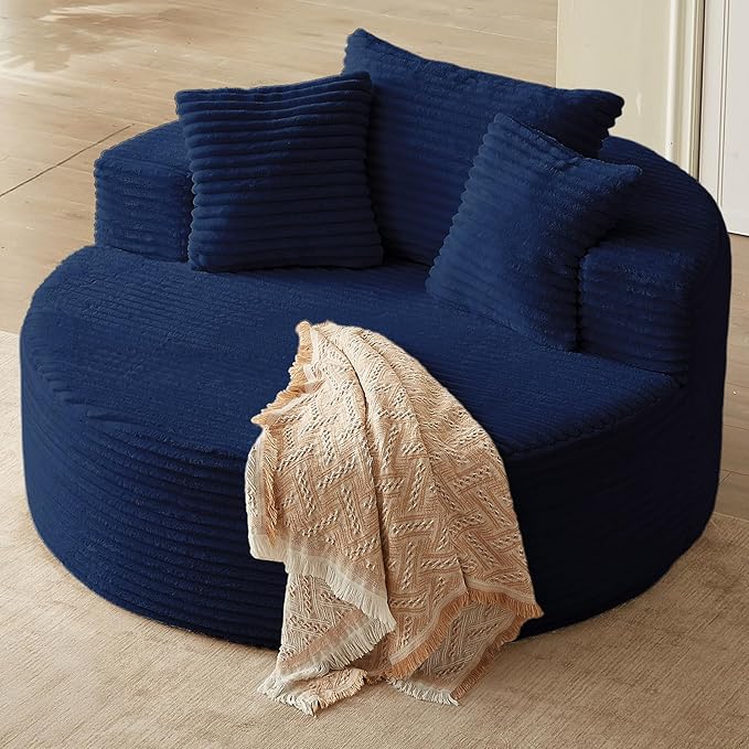 55'' Oversized Round Chair Lounge Chaise Indoor Cloud Boneless Large Circle Chair with Plush Corduroy No Assembly Required Fluffy Modern Sleeper Sofa Bed for Reading Living Room Bedroom(Blue)