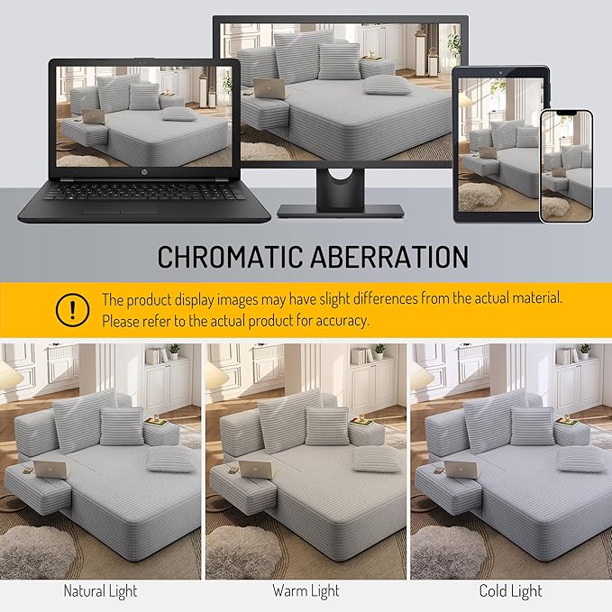 70W Oversized Chaise Lounge Chair Indoor with Adjustable Backrest &ampStorage 2 in 1 Convertible Sleeper Sofa Bed Compression Foam Boneless Couch for Living Room Bedroom Plush Corduroy Light Grey