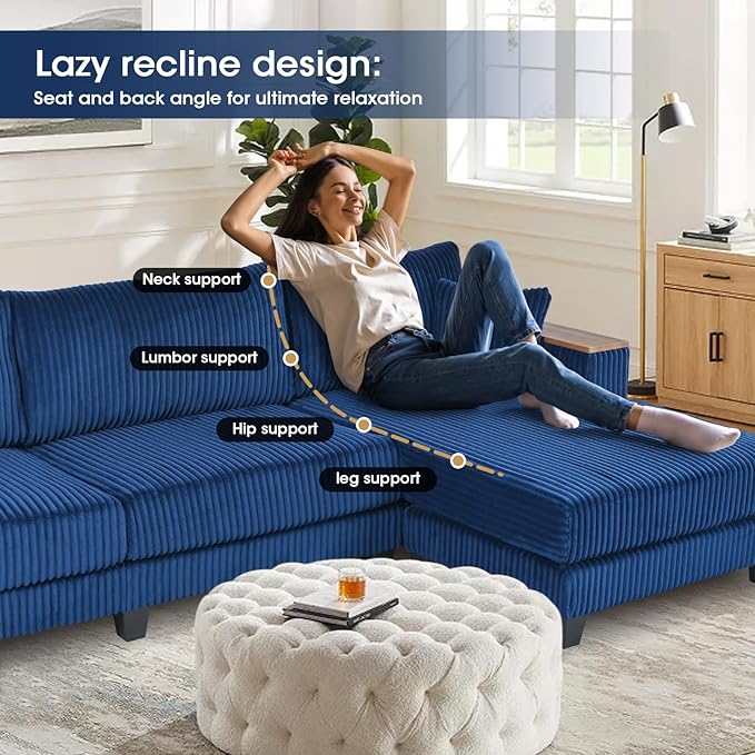 114.5” Corduroy Couch Sectional with Reversible Chaise with 2 Pillows Oversized Couch L Shaped Sofa with Two Armrests Hidden Storage Space Sectional Couches for Living Room Blue