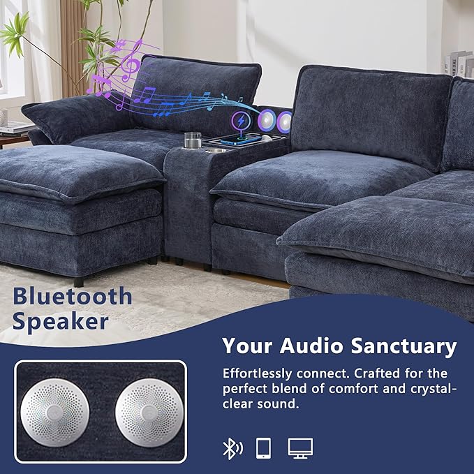 124'' Modular Sectional Sofa U-Shaped Chenille Cloud Couch with Storage 2 Ottomans Wireless Charging Loudspeaker Light 2 Cup Holders Double Chaise Couches for Living Room Office Blue