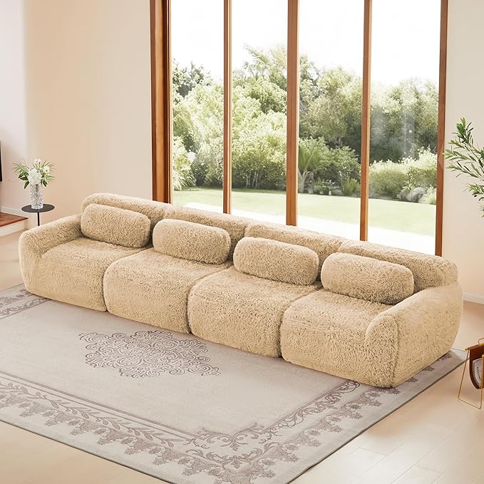 Boneless Couch Sectional Couches for Living Room 149'' Modular Sectional Sofa with Pillows Comfy Plush Cloud Couch with Deep Seat Oversized 4-Seater Modular Couches Light Khaki