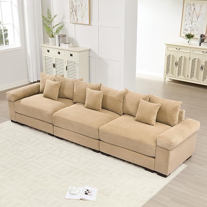 KEIKI 130 Oversized Corduroy Modular Cloud Sectional Sofa with High-Density Foam Cushions Extra-Thick Armrest Upholstered Modern 3-Seater Fluffy Corner Couch with 9 Pillow for Living Room Camel