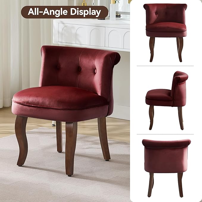 Velvet Vanity Chair with Solid Wood Legs Tufted Upholstered Vanity Stool with Back Mid Century Small Makeup Accent Chair for Bedroom Living Room Burgundy