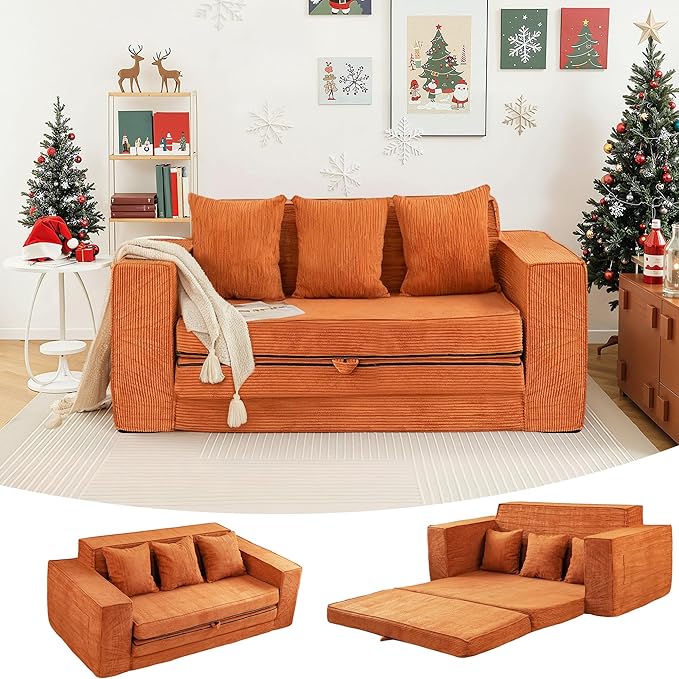 HOMREST 76 Convertible Memory Foam 3-seat Sofa Pull Out Sleeper Sofa Bed 2 in 1 Folding Couch Bed Fold Out Floor Couch Corduroy Fabric with 3 Pillows for Living Room Bedroom Lounge (Brown)