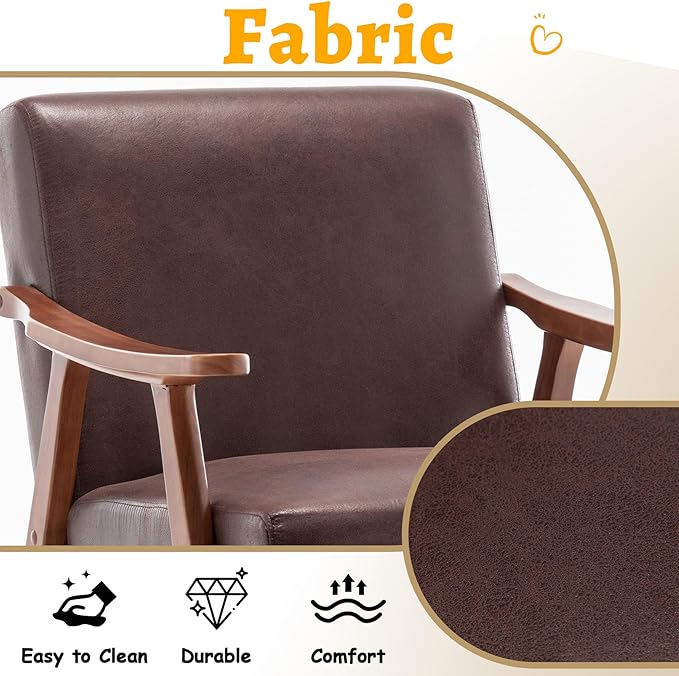 Mid Century Modern Accent Chair Upholstered Armchair Comfy with Wood Legs Siting Chair with Soft Cushion PU Leather Side Chairs for Living Room Bedroom Office (Microfiber Dark Brown)