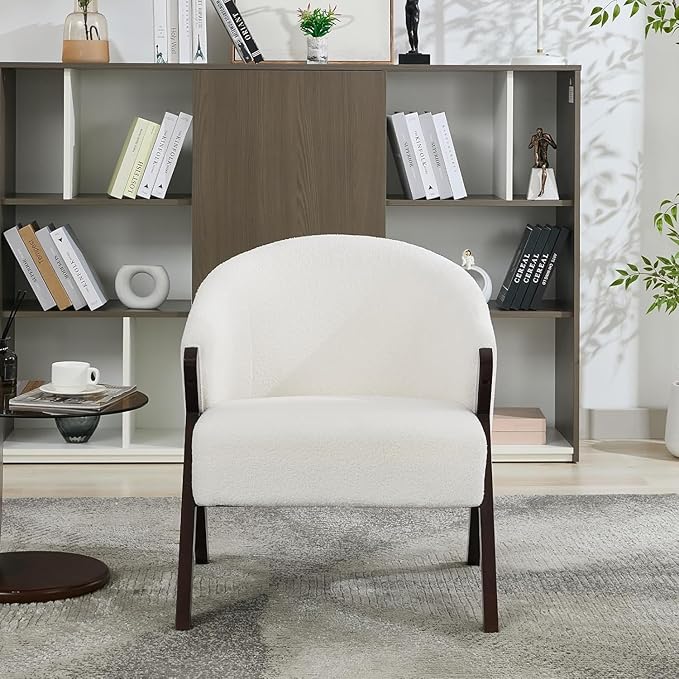 PU Leather Mid-Century Modern Accent Chair with Wooden Legs Comfortable Upholstered Reading and Leisure Chair for Living Room Bedroom and Waiting Room-White