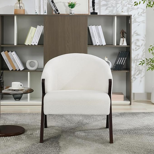 PU Leather Mid-Century Modern Accent Chair with Wooden Legs Comfortable Upholstered Reading and Leisure Chair for Living Room Bedroom and Waiting Room-White