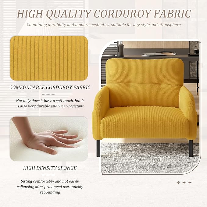 Yellow Accent Chair - Corduroy Living Room Chairs with Side Storage Pockets and Durable Legs Comfy Arm Reading Chair with Soft Backrest for Bedroom Balcony Study Room