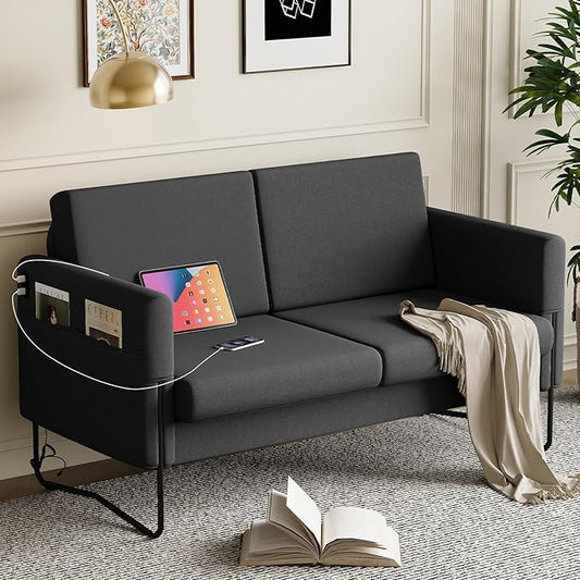 STHOUYN Small Black Love Seat Couches with USB Port &amp Side Pocket Small Loveseat for Small Spaces Mini Sofa for Bedroom 2 Seater Office Couch (Black)