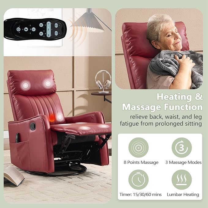 cinkehome Heated Massage Swivel Rocker Recliner Chair for Nursery - Small Space Reclining Chair with Lumbar Support 360° Swivel &amp Gentle Rocking Ergonomic High Back Faux Leather Red