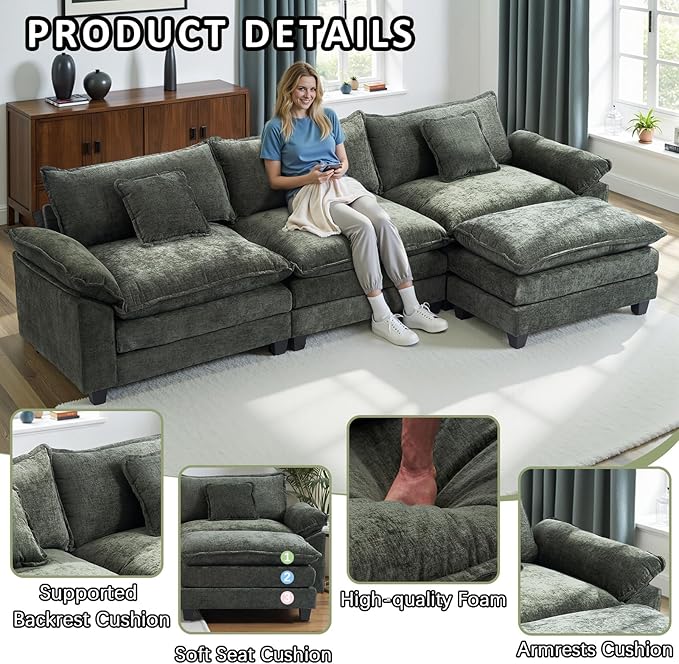 Gexpusm Modular Sectional Sofa108 L Shaped Modular Cloud Couch Sectional with Deep SeatSofas with ChaiseCouches with Ottoman for Living Room BedroomChenille Oversized Sleeper Sofa (Green)