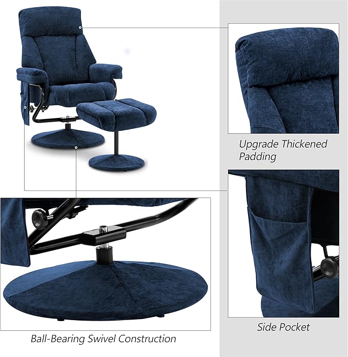 MCombo Swivel Recliner with Ottoman TV Chair with Vibration Massage Ideal for RV Small Space Living Room &amp Bedroom 4828 (Textile Blue)