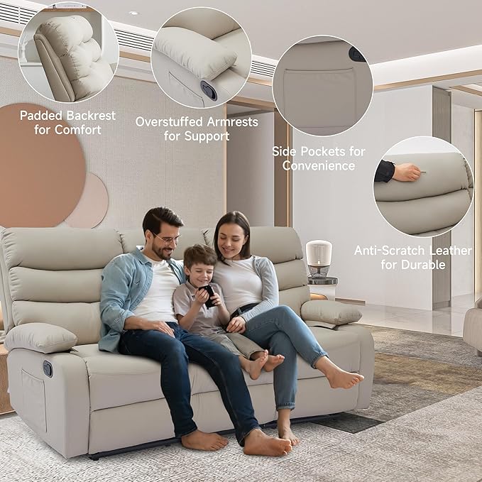 Loveseat Recliner Sofa Set Small Leather Couch 3-Seater Manual Seater Reclining Triple Recliner Chair for Living Room RV Home Theater Seating(Beige 3 Seater Sofa)