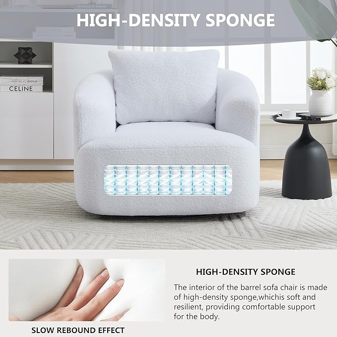 PELUMY Swivel Accent Chair Modern Round Barrel Chair Soft Teddy Fleece Fabric Swivel Chair for Living Room 360 Rotating Small Space Comfort Reading Chair No Tools Assembly (White)