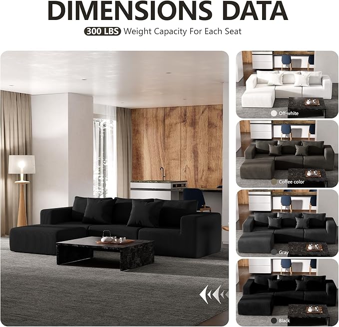 Modern Cloud Sectional Couches for Living Room Convertible L-Shape Boneless Couches with Ottoman 3 Seater Corduroy Modular Sectional Sofa with Pockets No Assembly (Black) | Sectional Couches L-Shap