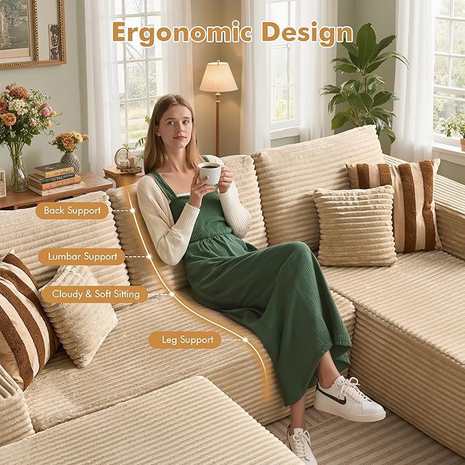 104 L-Shape Modular Sectional Sofa CouchComfy Upholstered Cloud Couch for Living RoomModern Minimalist CouchesDeep SeatNo Assembly Required (BeigePlush Corduroy Right Facing Chaise w/Ottoman)