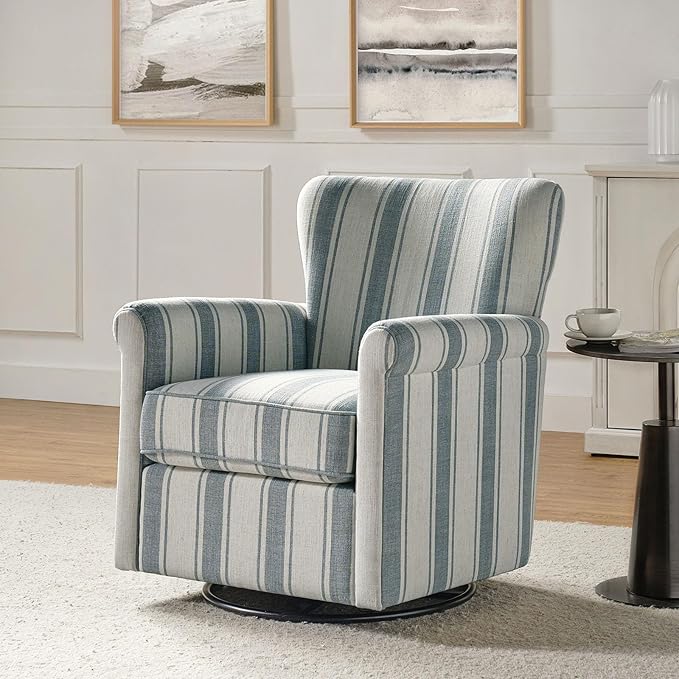 HULALA HOME Floral Fabric Swivel Rocking Chair Swivel Rocker with Removable Backrest &amp Shakeable and Turntable Metal Base Modern Single Sofa Chair for Living Room Nursery Blue