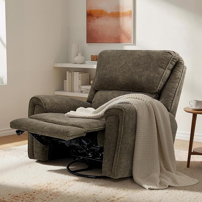 MCombo Power Swivel Rocker Recliner Chair Oversized Power Recliner Chair for Big and Tall People 400lbs Heavy Duty Recliners USB Charge Ports for Living Room Office Fabric OE678 (Brown)