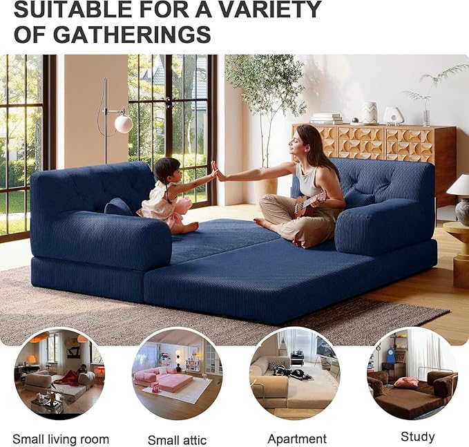 5-in-1 Folding Convertible Sofa Bed Loveseat Sleeper with Pull-Out Bed Floor Sofa Modular Futon Couch 79 Oversized Corduroy Upholstered Boneless Couch for Living Room Bedroom Lounge Blue-C