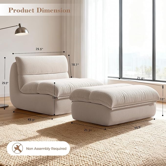 Boneless Chaise Lounge Chair Indoor Adult Bean Bag Chair with Ottoman Memory Foam Stuffed Lazy Sofa for Comfy Floor Sofa Lounge for Living Room Bedroom Office Apartment