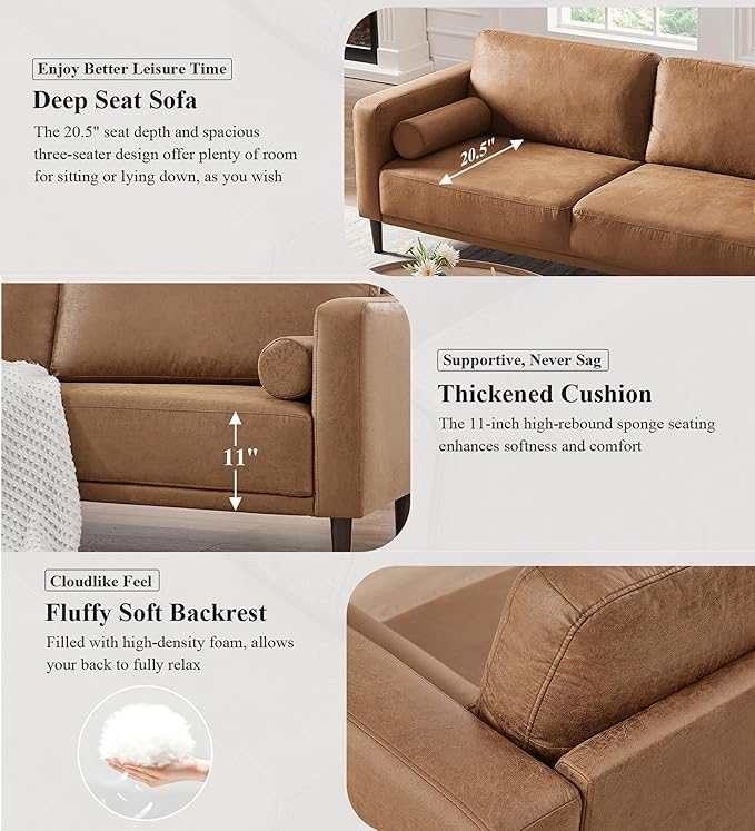 HIFIT 79 Sofa Couches for Living Room Mid-Century Modern Decor Faux Leather Couch with Deep Seat&ampCloud Cushions&amp2 Pillow 3 Seater Home Sofa Living Room Brown Loveseat for Office Bedroom Ap