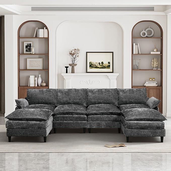 121 U Shaped Modular Sectional Sofa with Movable Ottomans Comfy Fluffy Cloud Chenille Grey Sectional Couches for Living Room Cloud Couch Sectional Sofa with Memory Foam &amp Double Cushion