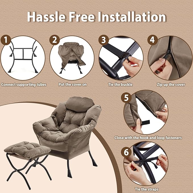 Lazy Chair with Folding Ottoman Accent Chair Velvet Upholstered with Metal Structure and Non-Slip Pads Sofa Armchair with Footrest and Side Storage Bag for Dorm Room Office Dark Gray