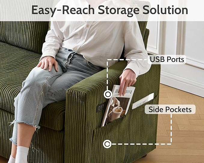 WEUP 82 L Shaped Sectional Sleeper Sofa Bed with Pull Out Bed Sectional Sleeper Couch Pull Out Couch with Reclining Backrest/Reversible Storage Chaise/USB Ports/Tool-Free Assembly Corduroy Green