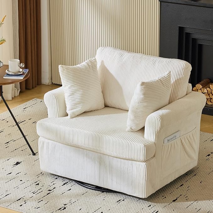 Karl home 39 Swivel Accent ChairOversized Seat Armchair W/2 Pillows and 4 PocketsModern Upholstered Corduroy Barrel ChairsComfy Single Sofa for Living RoomReadingBedroom and Office-Beige