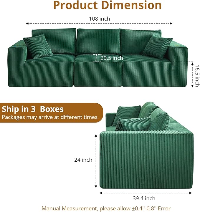 Sectional Cloud Boneless Couch 108 Modern Comfy Linear Straight No Assembly Required Convertible Compression Sleeper Modular Sofa with Corduroy Fabric 3 Deep Seat Single for Living Room