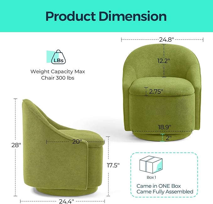 LINSY Swivel Accent Chair with Storage Comfy Chenille Barrel Chairs Small 360 Swivel Modern Armchair for Living Room Bedroom Boucle Reading Chair for Study Room (Green)